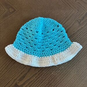Handmade Crochet Bucket Hat Turquoise Blue Cream White Boho Summer Festival Hat